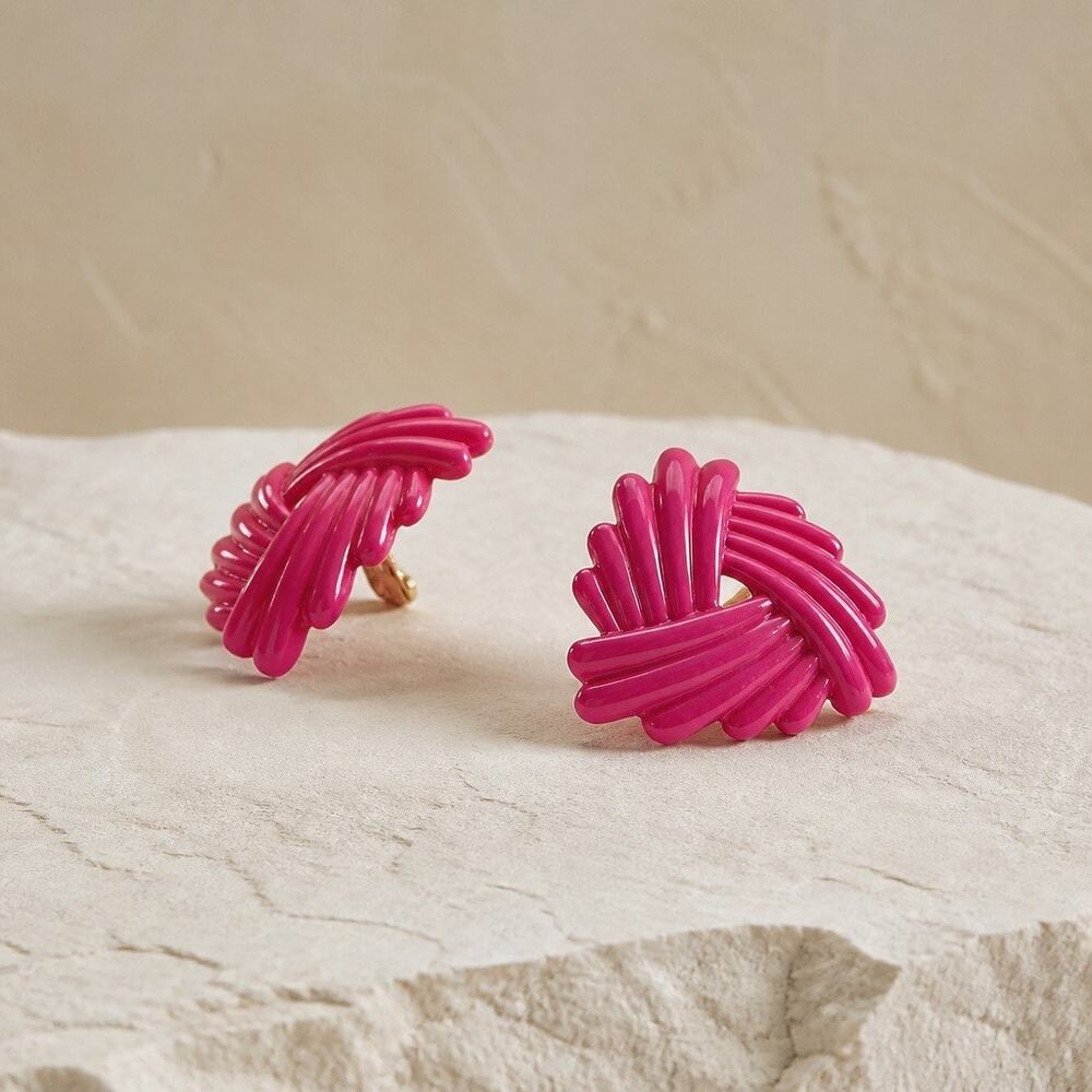 The Brigitte Ribbon Studs – Vintage 80s Style Hot Pink Woven Geometric Earrings
